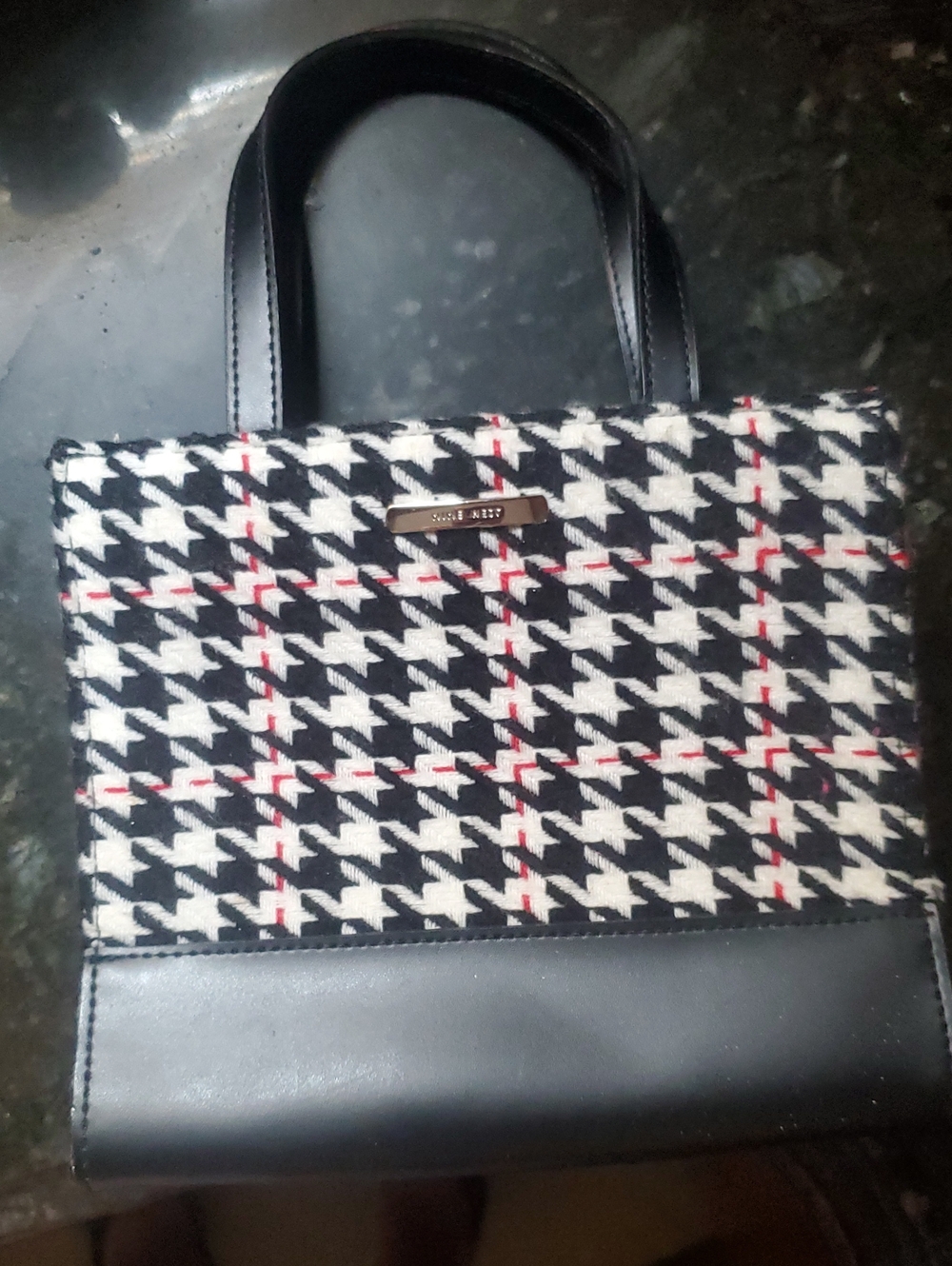 Nine West Black & White small Houndstooth Tote with Red Accent
